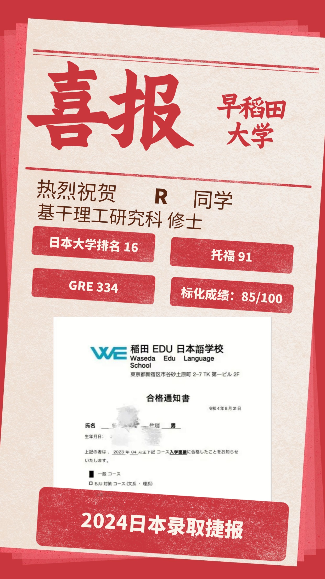 录取捷报丨早稻田大学